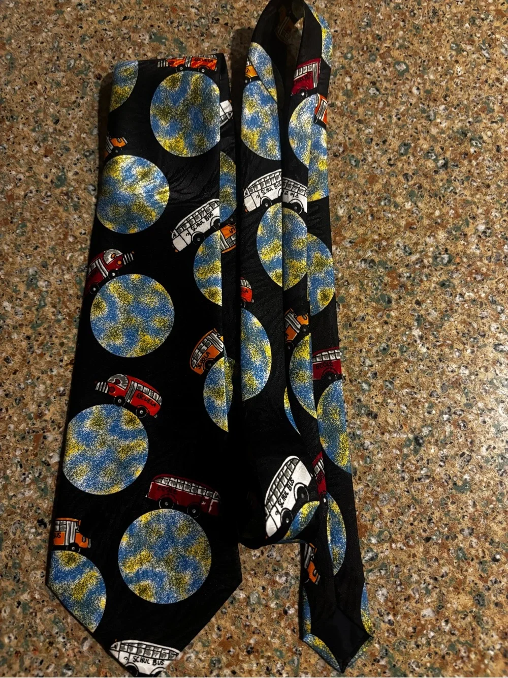 VTG novelty teacher necktie playful school bus and planetary print